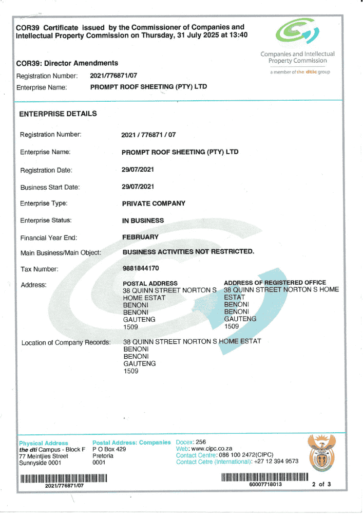 CIPC Certificate - Prompt Roofing